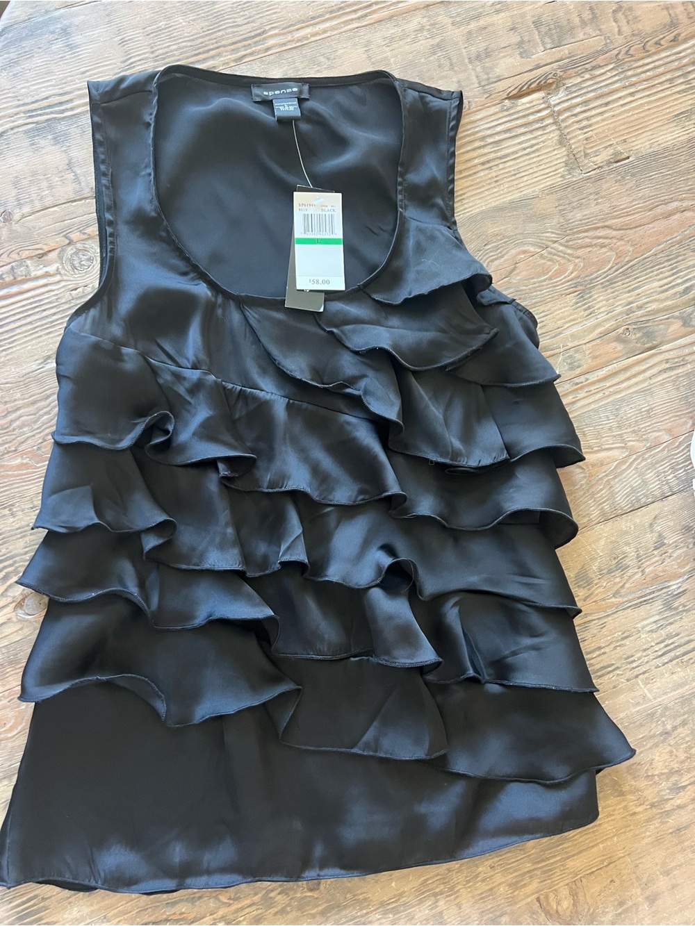 NWT Spense Black Satin Ruffle tank